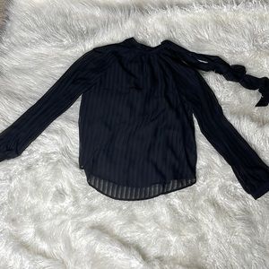 Blashe small black long sleeve blouse with three shoulder buttons and neck tie